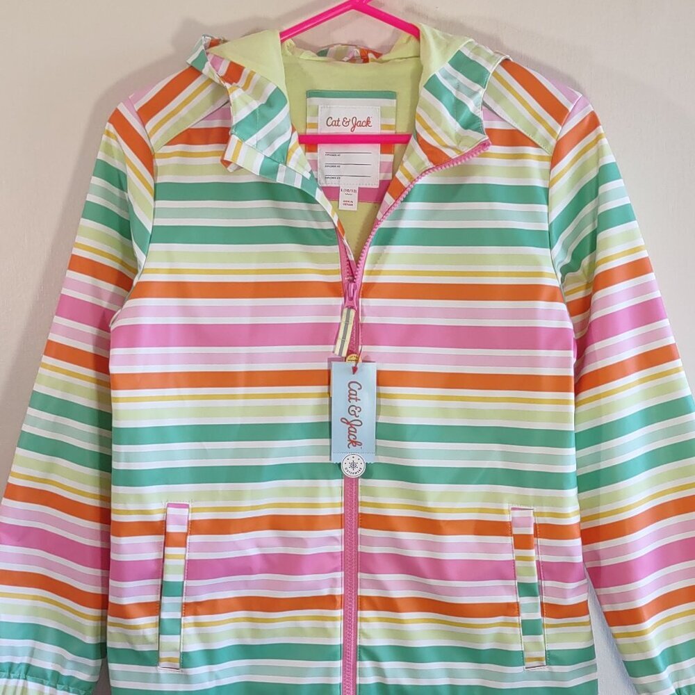 💛 NEW Rain Jacket Full Zip Lined Hood Colorful Stripes Size Girl Large 10/12 - Picture 5 of 10
